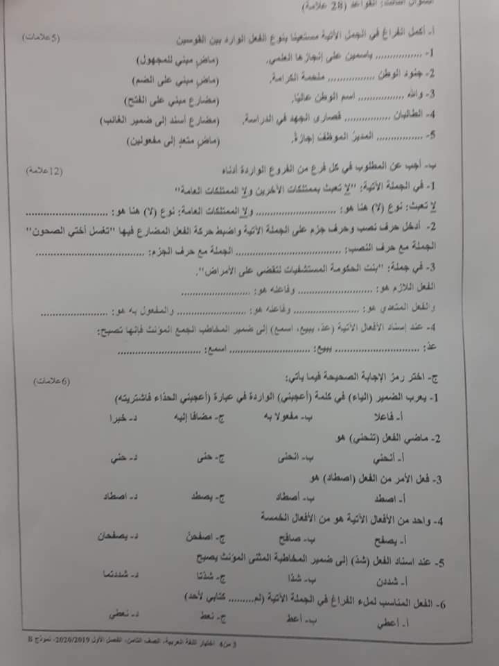 OTg1NjQx3 صور امتحان نهائي لمادة اللغة العربية للصف الثامن الفصل الاول 2019 نموذج B وكالة